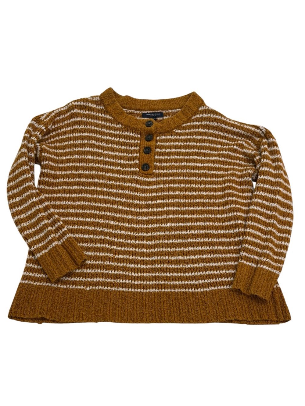 American Eagle Outfitters Women Mustard and Cream Striped Henley Sweater Size XS